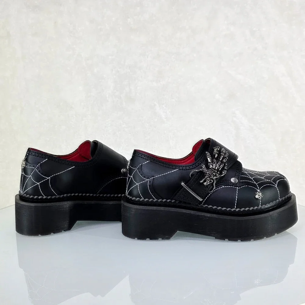 NIB Rebel Goth Punk Oxford Shoes Spider Charms Web Stitching Cryptic Hand Buckle - Picture 6 of 14
